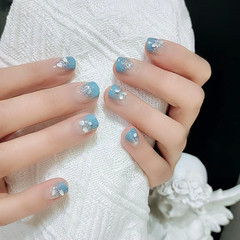 B591 Blue Lover Short Blue Gradient Shell Acrylic Nail Can Be Removed Factory Direct Sale One-Time Shipping