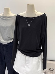 一字肩纯棉长袖斜肩黑色T恤女2025春秋冬新款内搭宽松露肩打底衫