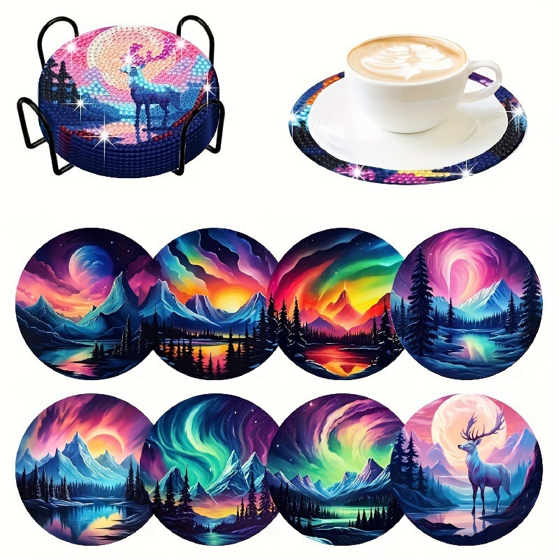 Ventas transfronterizas calientes de 8 piezas de conjunto de cojín de taza de arte de diamante, con soporte, pequeño conjunto de pintura de diamante, adecuado para adultos