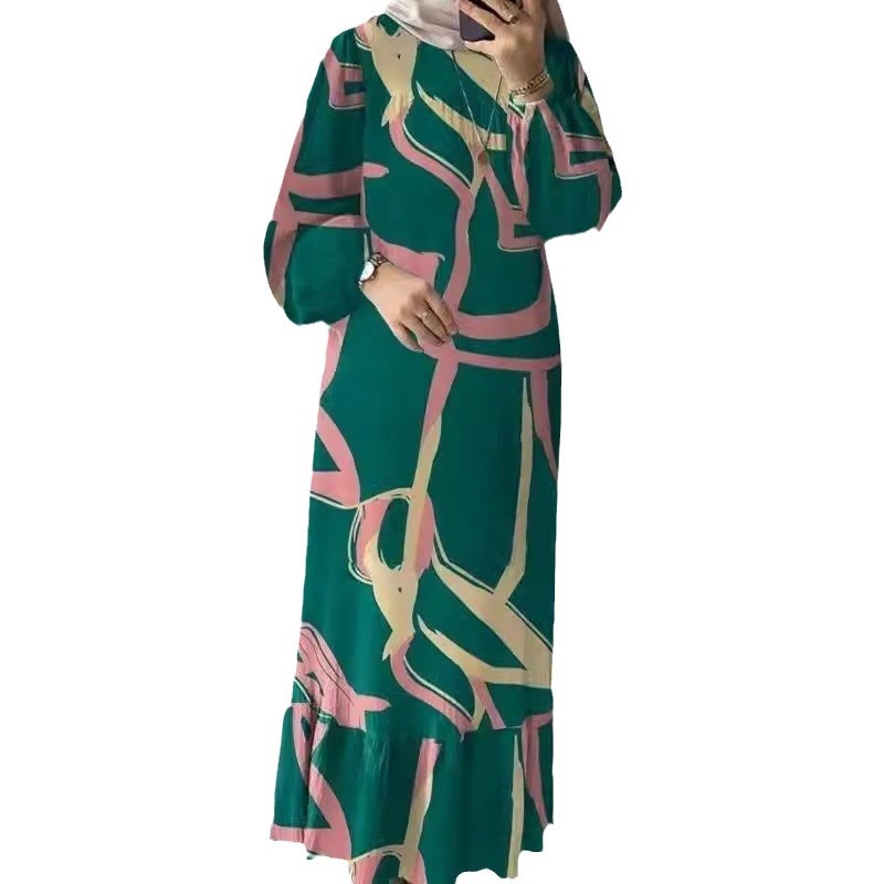 Cross-Border Muslim Women's Clothing Retro Puff Sleeve Printed Ruffle Pocket Dress Middle East Dubai Spring Autumn Abaya_ecoleips.com