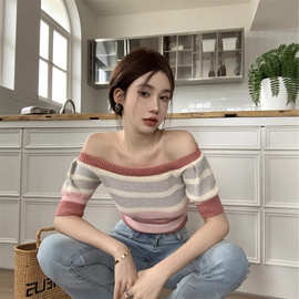 2026新款露肩网纱针织衫女夏甜辣妹晕染小众设计修身斜肩一字肩上