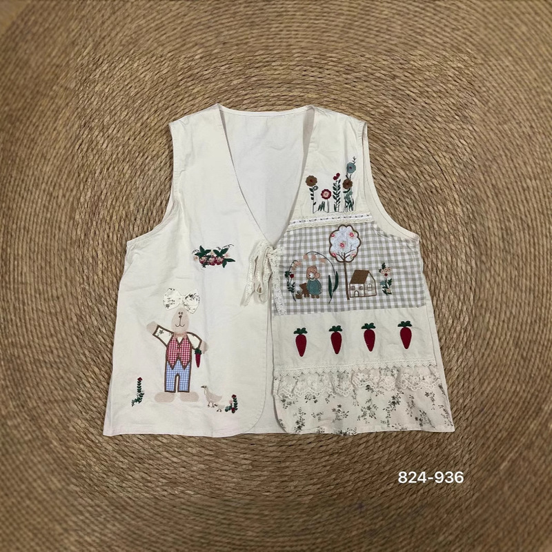 Spring New Vest Mori Embroidered Lace-up Loose Floral Plaid Patchwork Vintage Outer Wearing Vest 4660