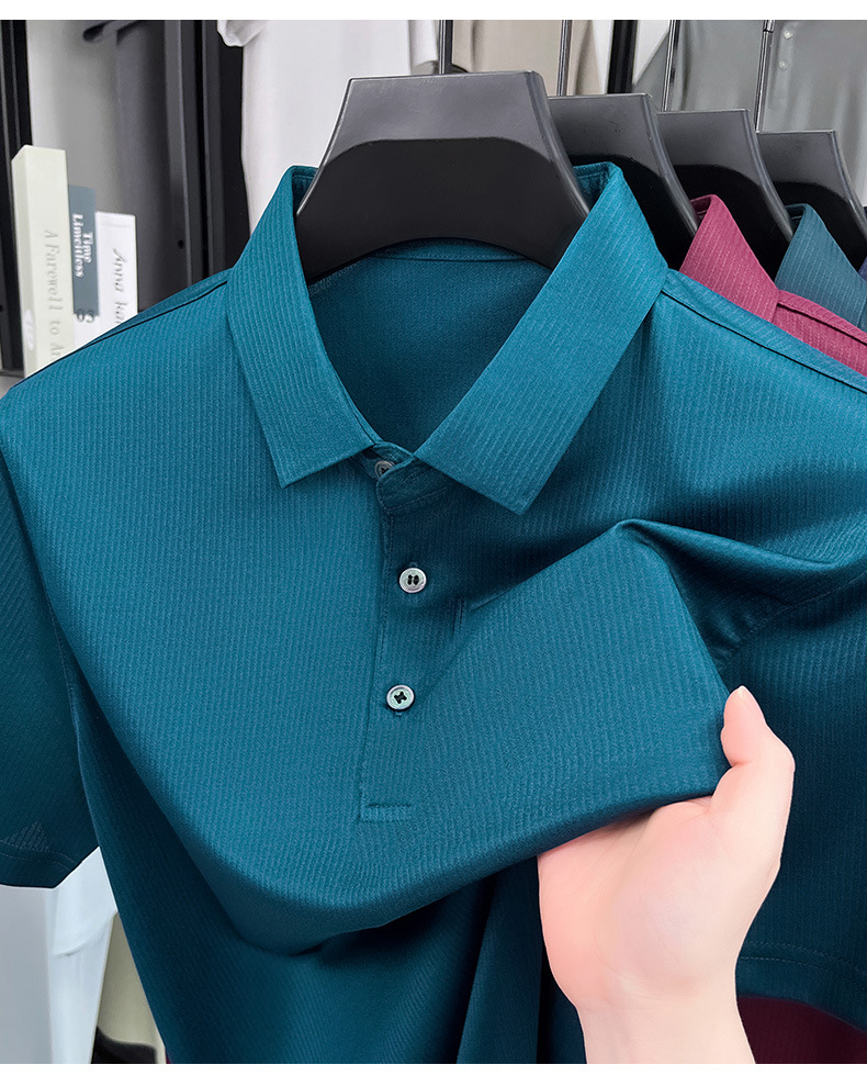 Áo polo nam tay ngắn lụa tơ tằm cao cấp phong cách công sở — Xanh đậm 15580 chi tiết 15