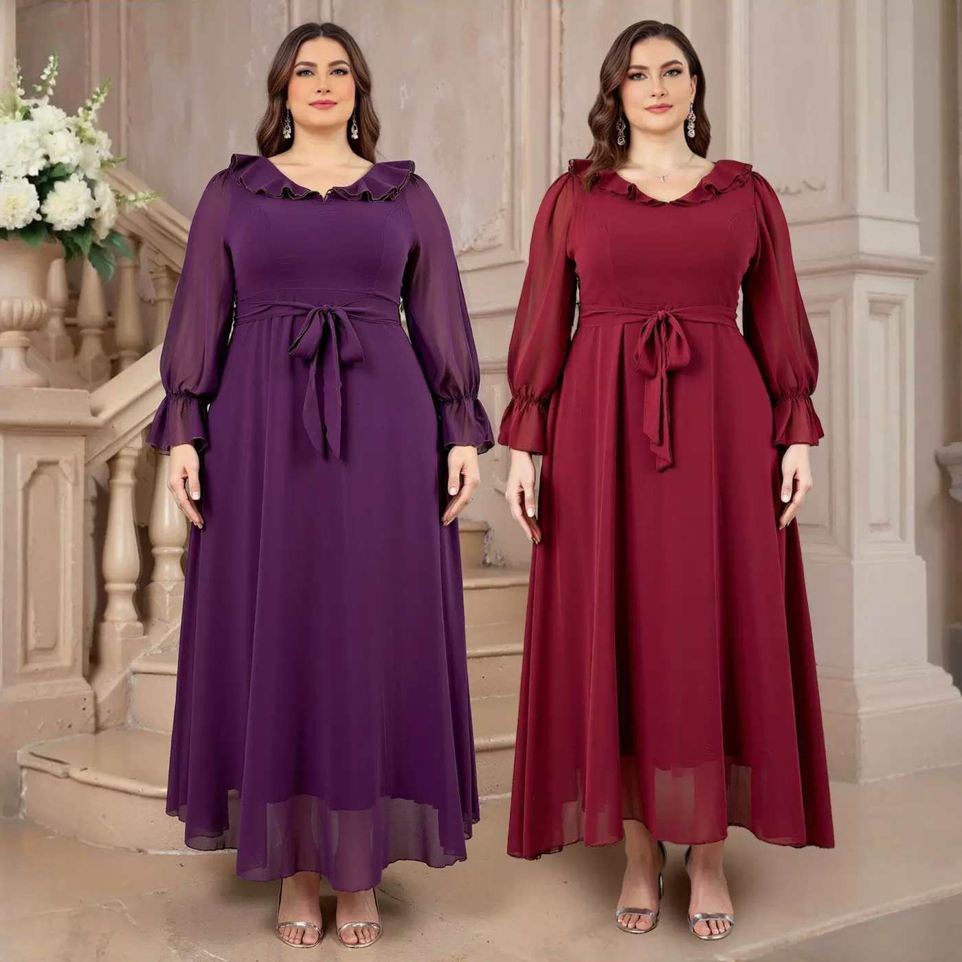 跨境亚马逊爆款欧美女装大码连衣裙纯色优雅长裙外贸女装批发