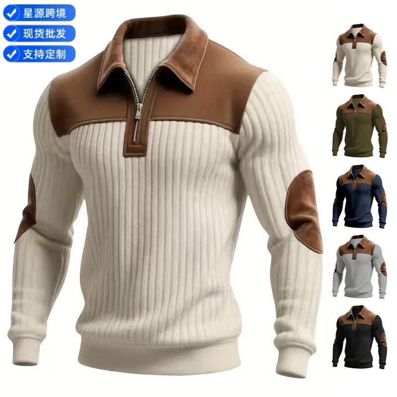 European and American Cross-Border Amazon Spring and Autumn New Color-Blocked Striped Men's Corduroy Casual Long-Sleeve Polo Shirt