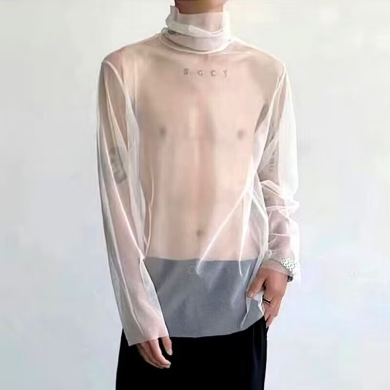 Korean Style Cool Style T-Shirt Long-Sleeved Men's Nightclub See-Through Lace Fishnet Transparent Mesh High-Neck Pure Desire Top