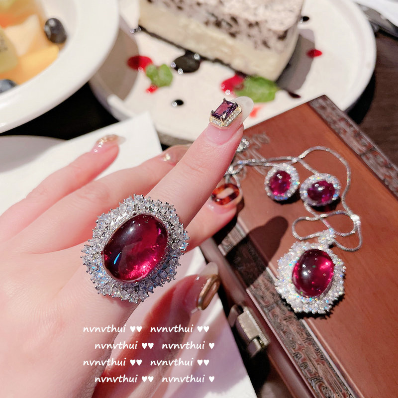 유화 석류 루비 비둘기 계란 목걸이 도금 18K 골드 다각적 인 계란 지르콘 꽃 반지 세트