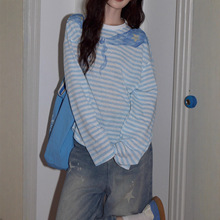 吵吵 韩系蓝色条纹防晒罩衫女2025夏慵懒宽松海军风度假T恤上衣