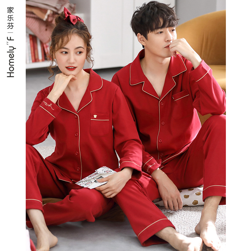Pijamas de pareja de mujer 100% algodón de manga larga novia gran Novio rojo festivo primavera y otoño traje de los hombres