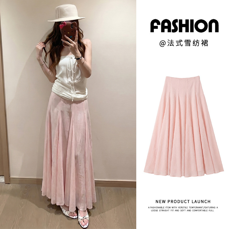 Korean-Style Pleated Skirt, Summer High-Waisted Tummy-Control Skirt, Elegant and Versatile Mesh Skirt, Flowing and Draping A-Line Chiffon Skirt Korean-Style Pleated Skirt, Summer High-Waisted Tummy-Control Skirt, Elegant and Versatile Mesh Skirt, Flowing and Draping A-Line Chiffon Skirt