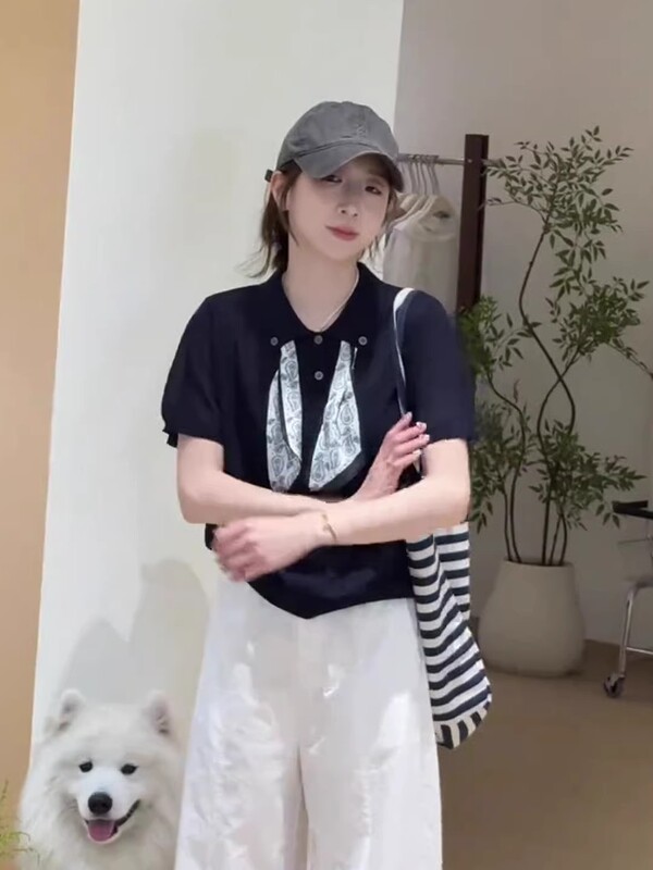 7011#韩系气质高级感丝巾翻领冰丝针织短袖t恤女夏季宽松时尚休闲|undefined
