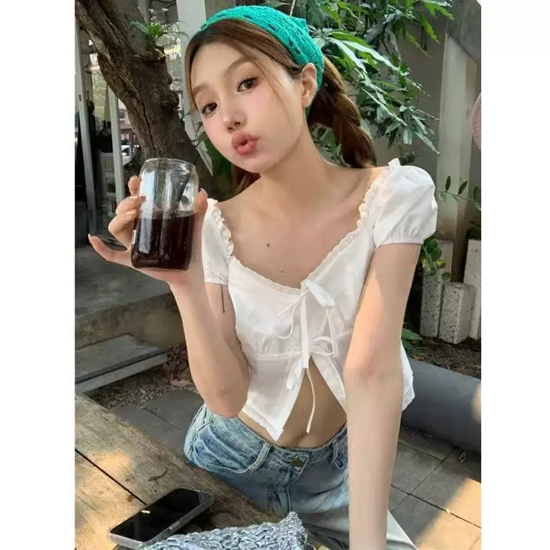 夏季新款甜酷辣妹方领泡泡袖开叉衬衫女法式衬衣短款短袖别致上衣