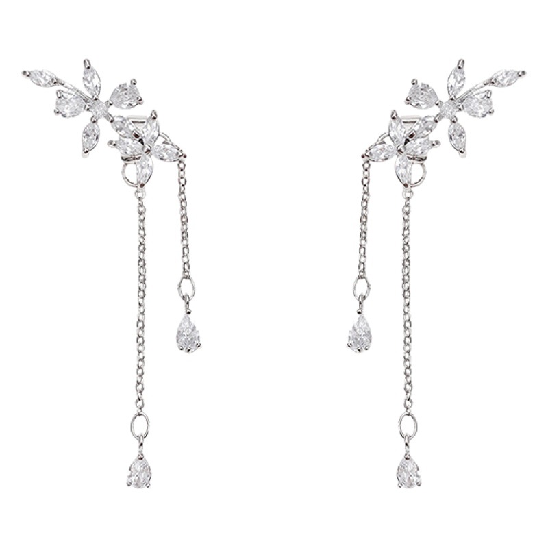 Aguja de plata S925 estilo coreano nuevo Super Flash circón Alas pendientes de las mujeres de gama alta de diseño largo pendientes de la borla pendientes