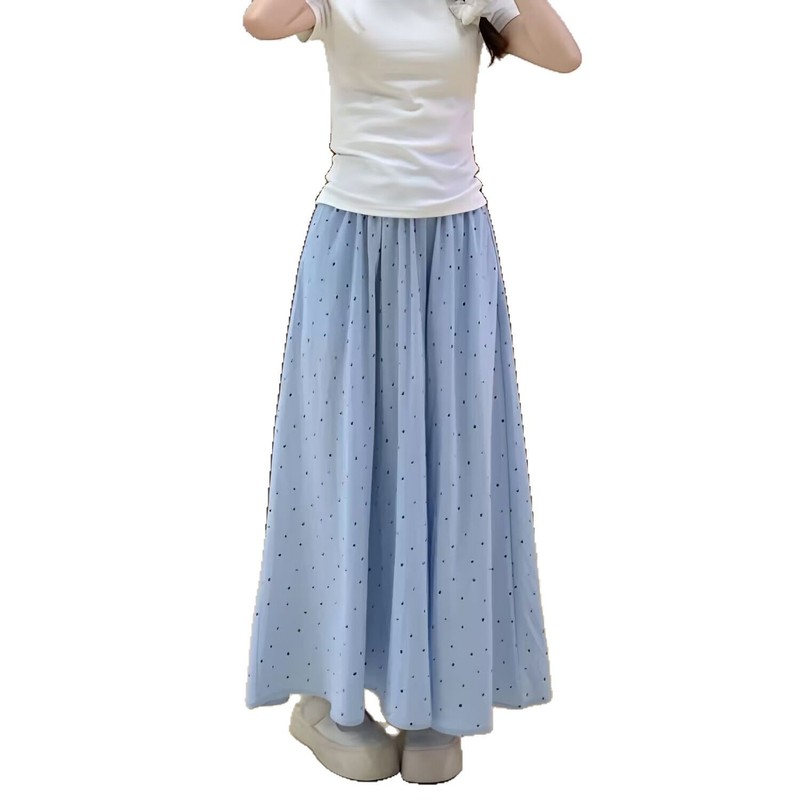 水玉模様の白いスカート女性の夏の新しいハイウエスト A ライン多用途シンプルな痩身ミッドレングスフレンチアンブレラスカートトレンディ|undefined