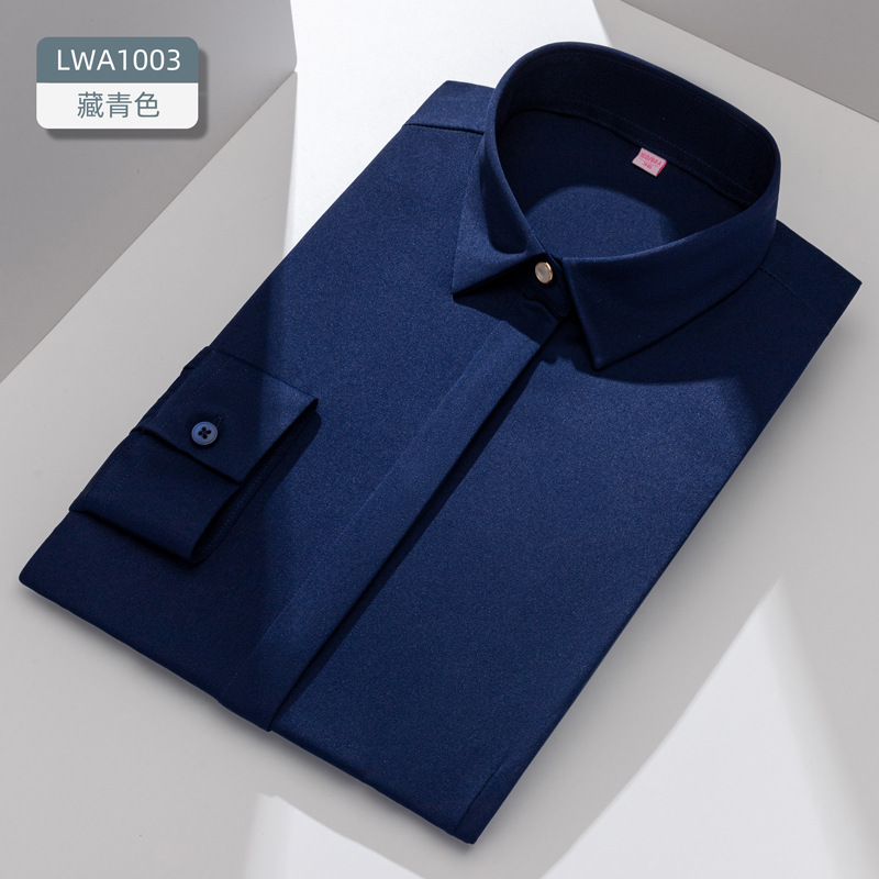 Camisa de negocios de manga larga, color liso, elástica, corte ajustado, ropa de trabajo blanca, ropa formal, ropa profesional, camisa elegante de fibra de bambú para mujer. image 12
