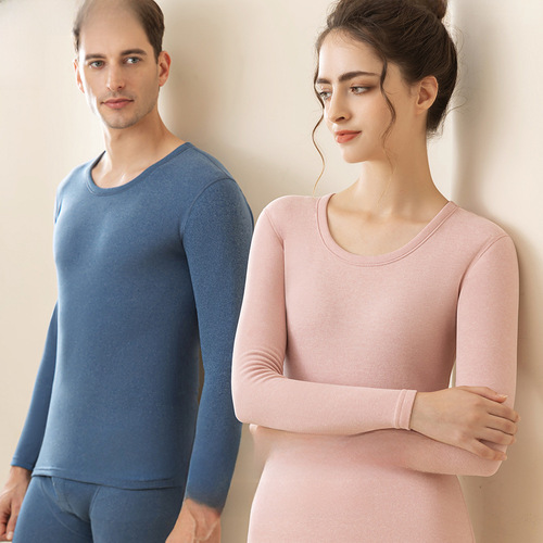 Women's Set of AB Face Round Neck Fleece Warm Innerwear with Thick Padding, Autumn Top and Bottom Pajamas, Men's Warm Fleece Lined Base Shirt for Wholesale