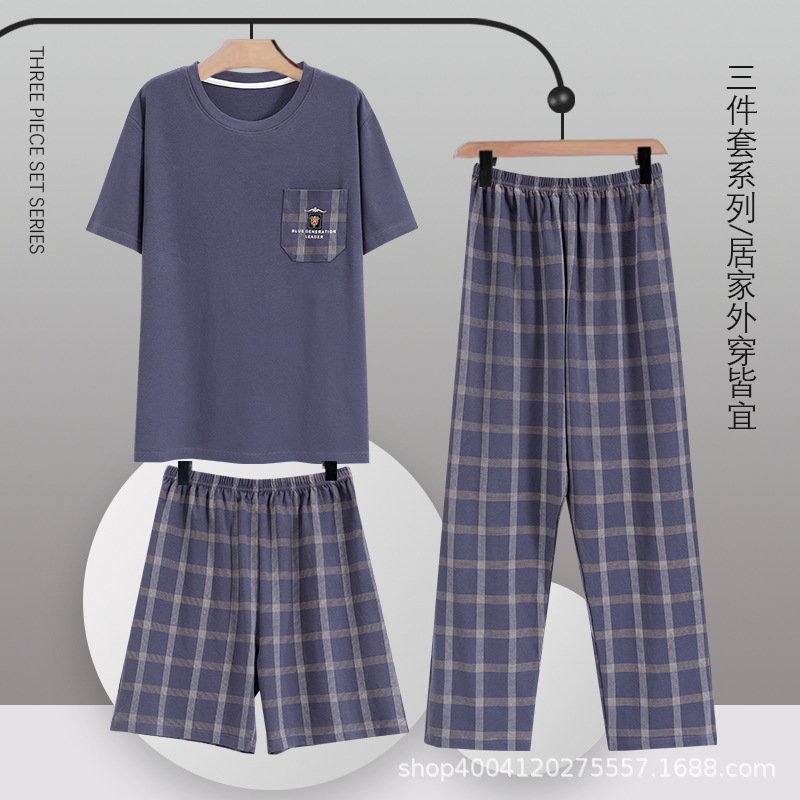 plus size Men's Home Clothes Pure Cotton Pajamas Men's Summer Short-sleeved Trousers Casual Loose Outwear Three-piece Suit