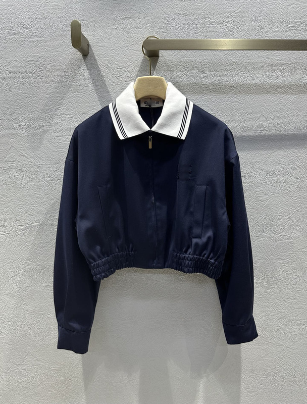 南油高端女装2025年秋冬MIU*新款撞色螺纹领藏青色短款夹克外套女|undefined