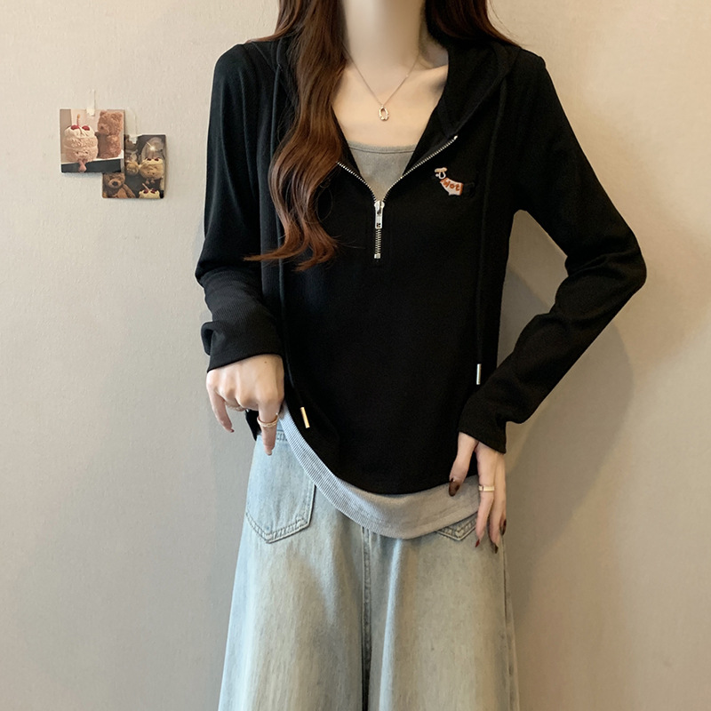 2025秋装新款胖mm大码女假两件拼接休闲连帽长袖上衣T恤|undefined