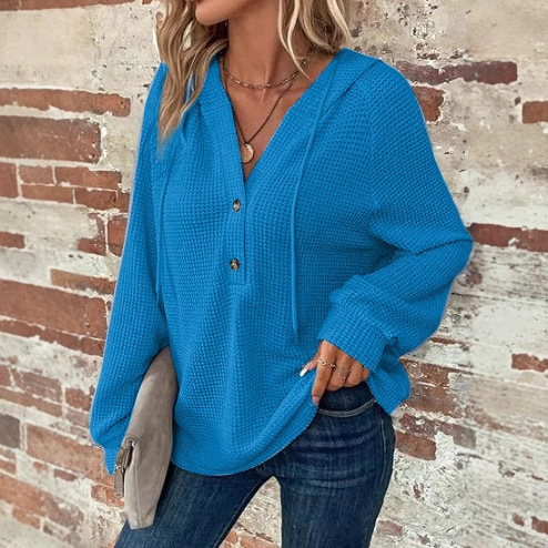 Pure Color Long-Sleeve V-Neck Top for Autumn and Winter Women, Hooded Button-Up Sweatshirt Jacket for Women