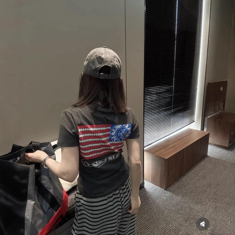 High Version Ch Crowe* Cross Hot Girl V-Neck Short Sleeve t American Slim Fit Back Flag Dark Style Jimo Factory