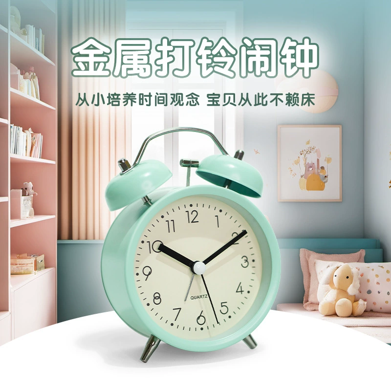 Twin-Bell Metal Alarm Clock, Quiet Powerful Bell, Luminous Night Light, 11×6×15 cm