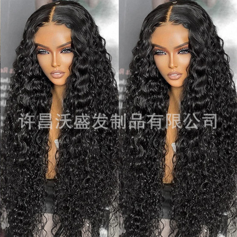 Women's real hair wig deep wave natural color long curly hair Tpart front lace headgear factory direct sales Women's real hair wig deep wave natural color long curly hair Tpart front lace headgear factory direct sales