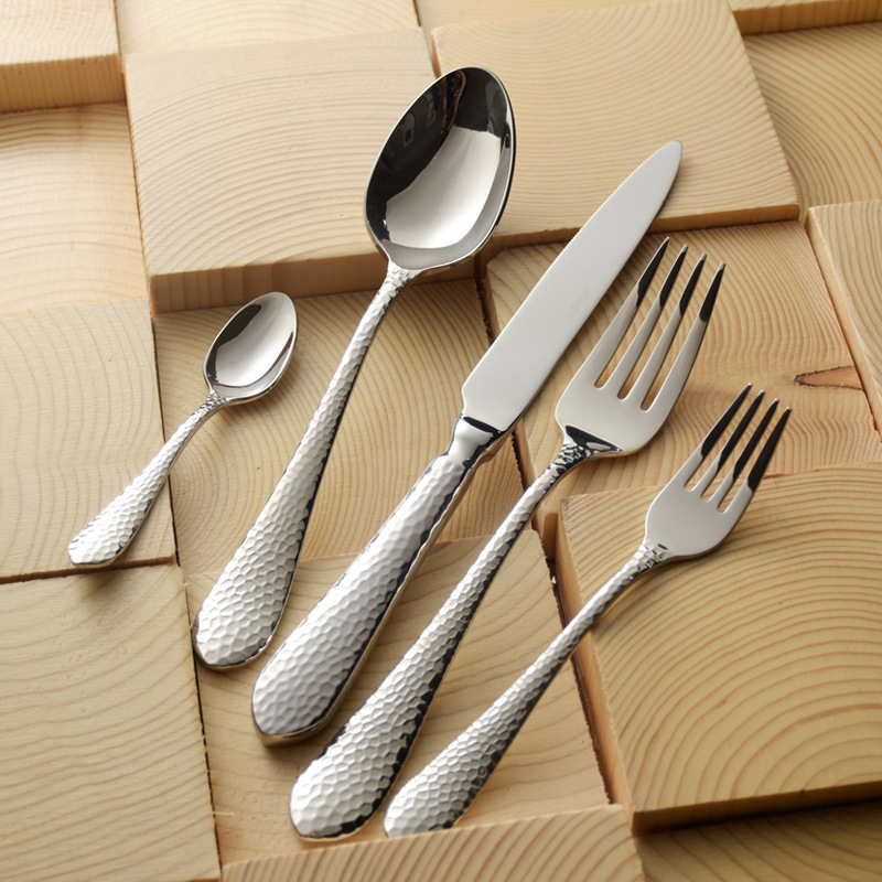 Hohea Danish Ins Hammered Steak Knife and Fork 304 Stainless Steel Dessert Knife, Fork and Spoon Fruit Fork and Serving Spoon