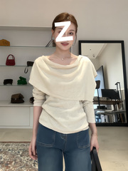 大码胖MM韩系简约通勤长袖针织衫配荡领披肩两件套包秋款百搭上衣