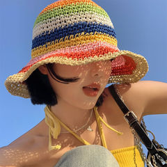 パンパン雅風虹草編み漁師帽女性夏通気日よけ日焼け止めバケツ帽韓国版顔小草帽子