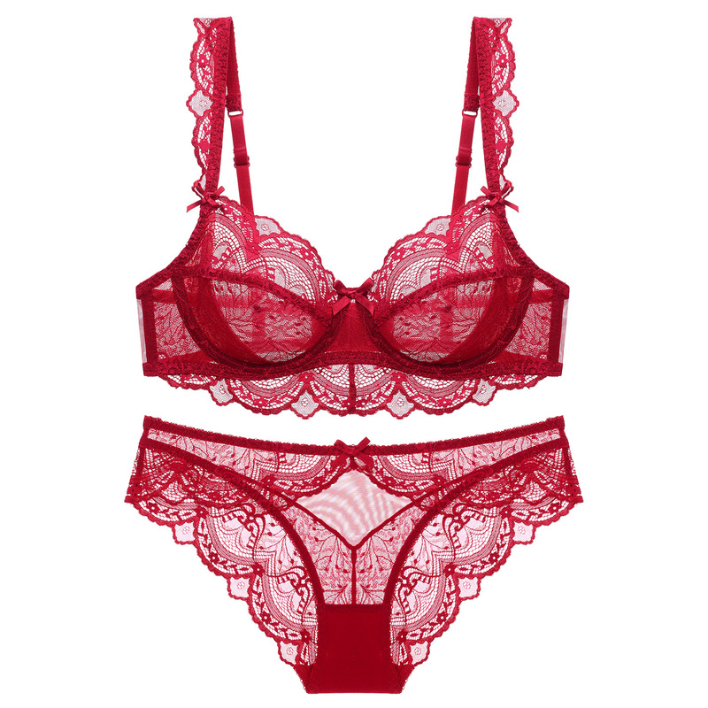 European and American Sexy Intimates for Women, Ultra-Thin Cut Out Sponge-Free Transparent Lace Intimates, Big Breasts, Small and Large Size Bra Set