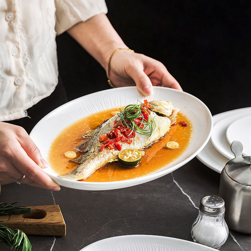 Fish Plate Household Steamed Fish Plate Fish Dish Ceramic Large Steamed Fish Plate Oval White Plate Hotel Food Plate Fish Plate Household Steamed Fish Plate Fish Dish Ceramic Large Steamed Fish Plate Oval White Plate Hotel Food Plate