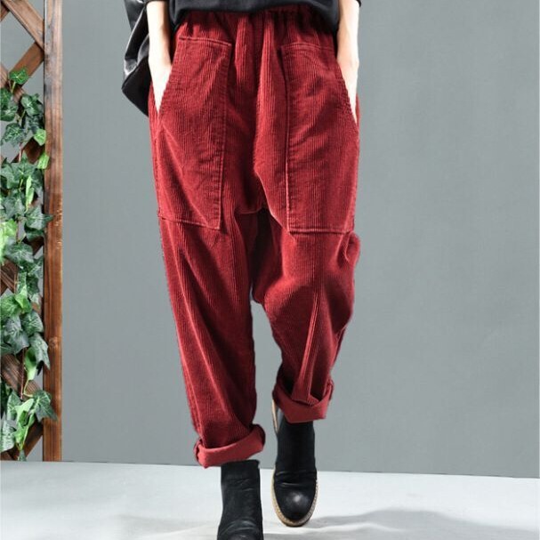 Autumn 2020 New Cross-border Retro Literary Style Personalized Pocket Corduroy All-match Casual Harlan Trousers for Women