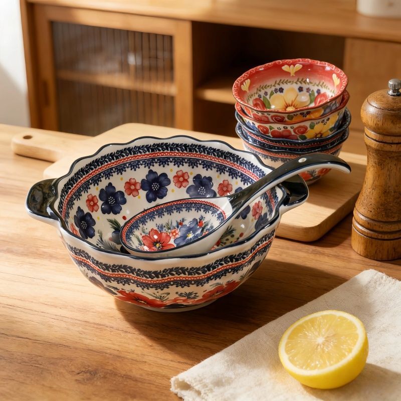 Poland Dream Painting Anti-Scald Double-Ear Soup Bowl with Spoon Set, Popular Soup Bowl for Home Use, Underglaze Color Ceramic Tableware Poland Dream Painting Anti-Scald Double-Ear Soup Bowl with Spoon Set, Popular Soup Bowl for Home Use, Underglaze Color Ceramic Tableware