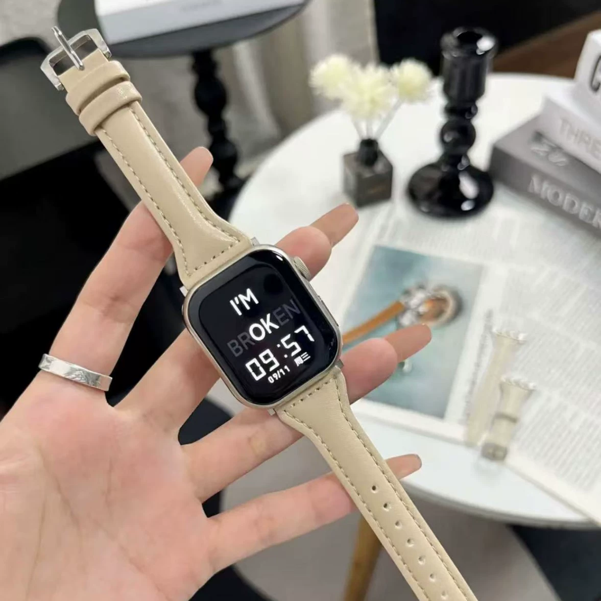 Подходящий ремешок из телячьей кожи для запястья iWatch8 Apple Watch Write Wire Botes SE5/6/7/8/9 поколения Xiaoman талия custard calf leather ремешок