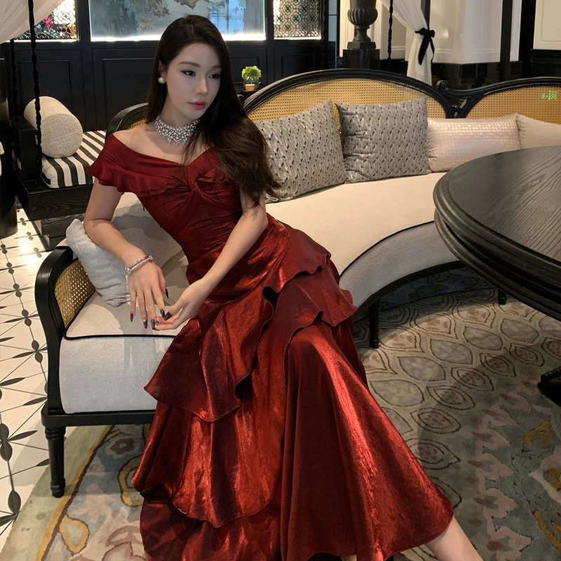 Cross-Border 2026 Summer New French-Style Burgundy Off-Shoulder Light Luxury Christmas Dress Annual Party Gown Long Dress Cross-Border 2026 Summer New French-Style Burgundy Off-Shoulder Light Luxury Christmas Dress Annual Party Gown Long Dress