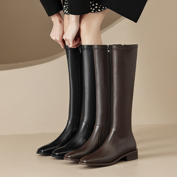 Demi-season retro brown elastic high boots square toe