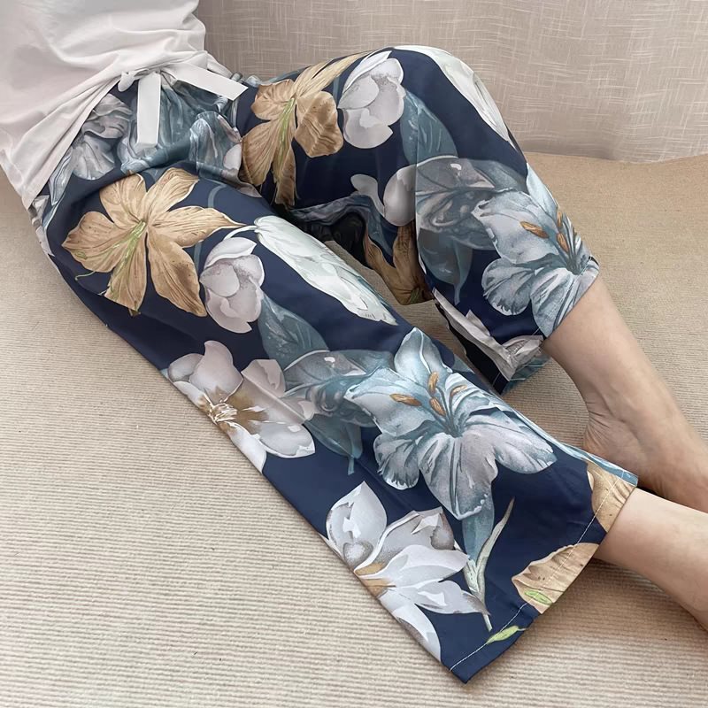 棉绸睡裤女士夏季薄款大码人造绵绸可外穿家居碎花长裤子直筒宽松|undefined