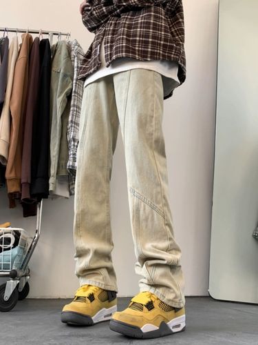 American Retro Yellow Clay Dye Jeans for Men Spring and Autumn Vibe Flared High Street Straight Leg Youth Embroidered Casual Pants