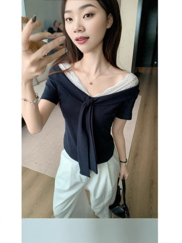 【自家工厂现货】v领蕾丝拼接绑带短袖T恤女夏季正肩撞色修身上衣|undefined