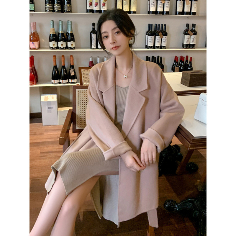 Korean-Style Suit Collar Camel Wool Mid-Length Casual Woolen Coat for Petite Figures, Elegant Loose-Fitting Double-Sided Wool Coat
