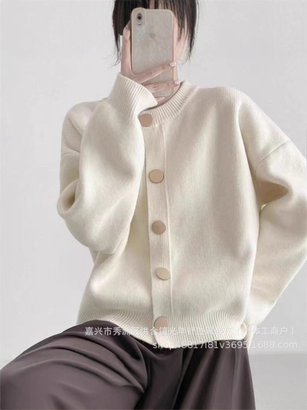 温柔风毛衣外套女韩版宽松慵懒纯色针织开衫圆领长袖休闲外搭上衣|undefined