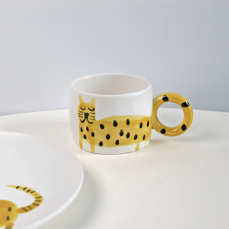 Creative Simple Cute Hand-painted Cat Ceramic Plate Mug Children's Household Drinking Water Cup Breakfast Cup Milk Cup