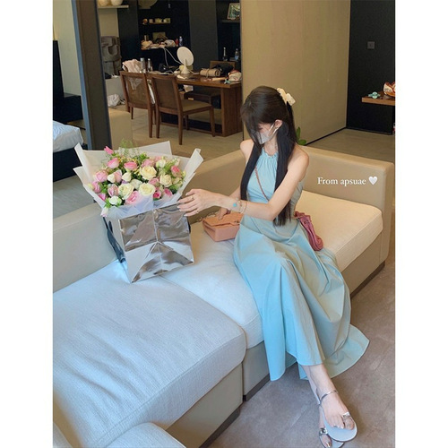 Beach Vacation Style Collared Off-the-Shoulder Dress for Women, Gentle and Elegant, Youthful and Unique Long Dress