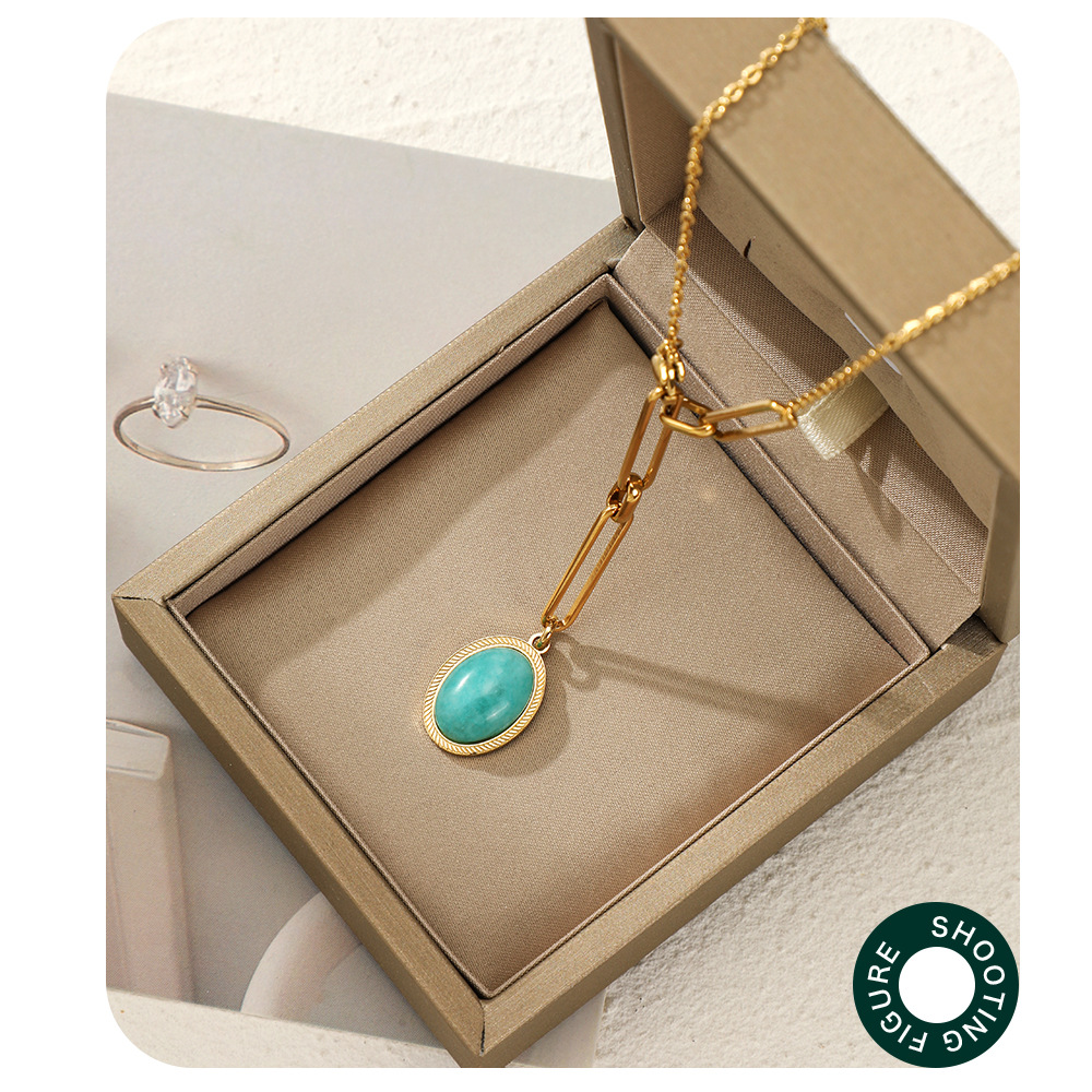 Fashion Oval Stainless Steel Inlay Natural Stone Pendant Necklace 1 Piece