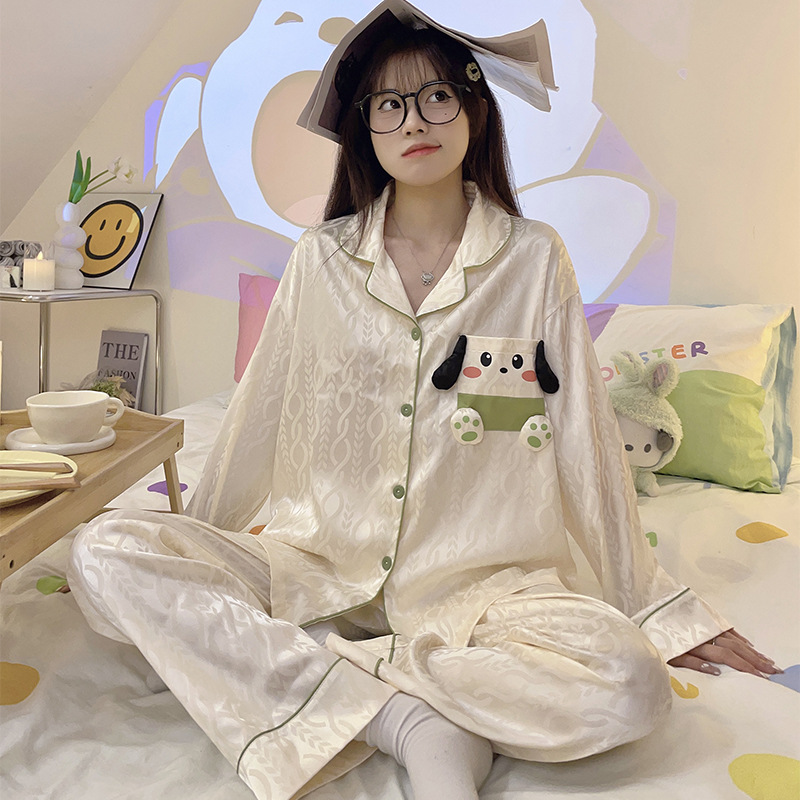 Bolsillo cachorro de dibujos animados pijamas las mujeres solapa seda del hielo cardigan manga larga Otoño e Invierno lindo dulce chica desgaste en casa traje
