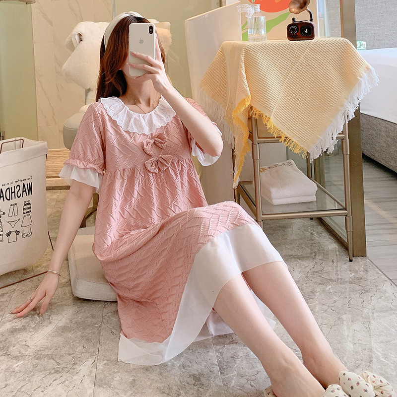 Verano mujeres camisón de encaje solapa encaje lindo estudiante jacquard dulce princesa estilo desgaste del hogar