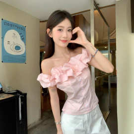法式甜美气质粉色一字肩衬衫2025夏季新款修身显瘦百搭短款上衣女