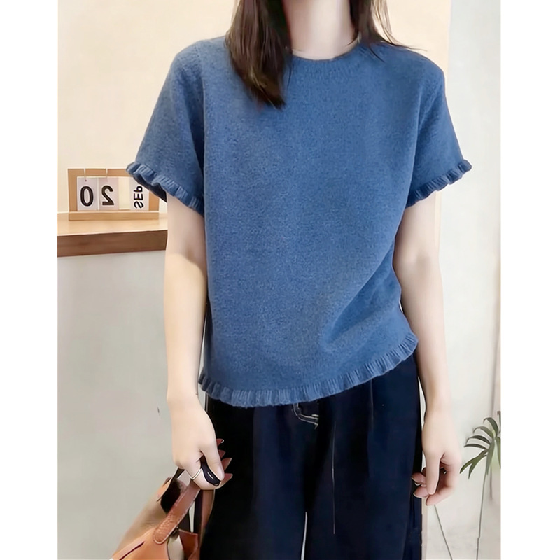 Unique and Stylish Blue Lace Round-Neck Knitted Short-Sleeve T-Shirt for Women, Summer Fashion Distinctive Top Unique and Stylish Blue Lace Round-Neck Knitted Short-Sleeve T-Shirt for Women, Summer Fashion Distinctive Top