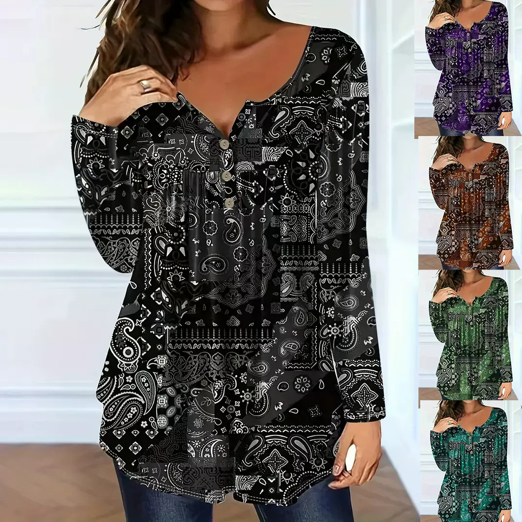 大码款亚马逊跨境佩斯利图案优雅宽松v领长袖衬衫上衣T恤